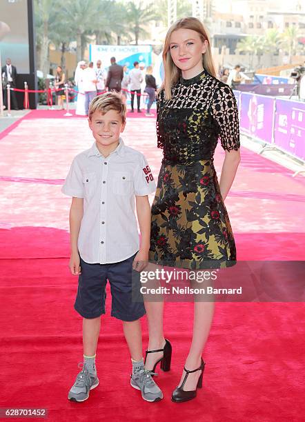 Actors Bobby McCulloch and Orla Hill attend the "Swallows and Amazons" red carpet during day three of the 13th annual Dubai International Film...