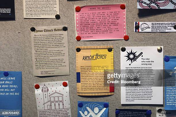 Labels depicting stories to be used in Rapha products sit pinned to a display board at the Rapha Racing Ltd. Headquarters office in London, U.K., on...