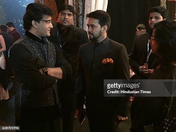 Former Indian cricketer Sourav Ganguly with BCCI President Anurag Thakur during the wedding reception of Indian Cricketer Yuvraj Singh and Bollywood...