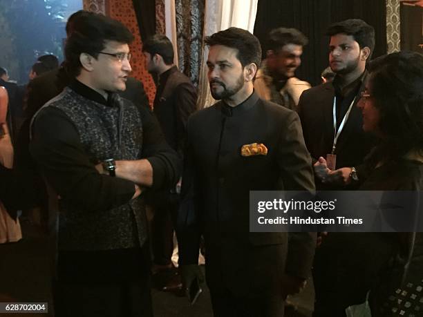 Former Indian cricketer Sourav Ganguly with BCCI President Anurag Thakur during the wedding reception of Indian Cricketer Yuvraj Singh and Bollywood...