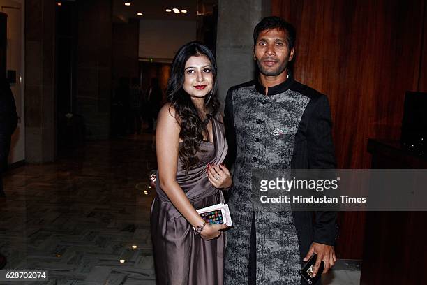 Indian Cricketer Ashoke Dinda with his wife Sreyasi Rudra during the wedding reception of Indian Cricketer Yuvraj Singh and Bollywood actor Hazel...