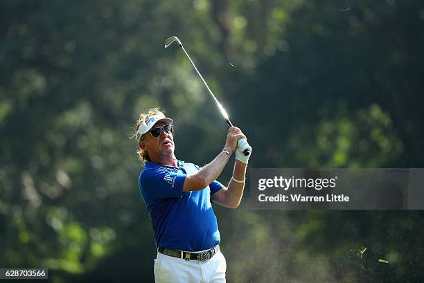 Miguel Angel Jimenez of Spain plays his second shot into the 11th hole during the second round of the USB Hong Kong Open at The Hong Kong Golf Club...