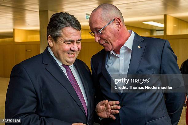 Vice Chancellor Sigmar Gabriel talks to Uwe Hueck during the celebtration of the 90th Birthday of Social Democrats Party member Erhard Eppler on...