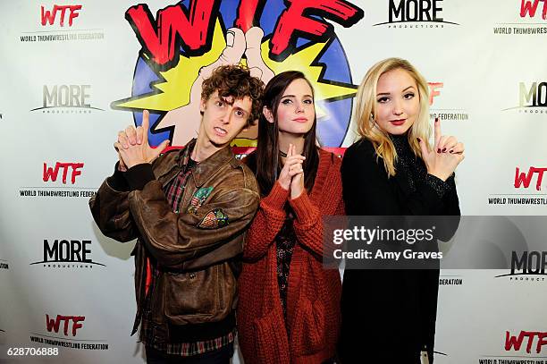 Philip Labes, Tiffany Alvord and Audrey Whitby attend the WTF: World Thumbwrestling Federation Screening on December 8, 2016 in Los Angeles,...