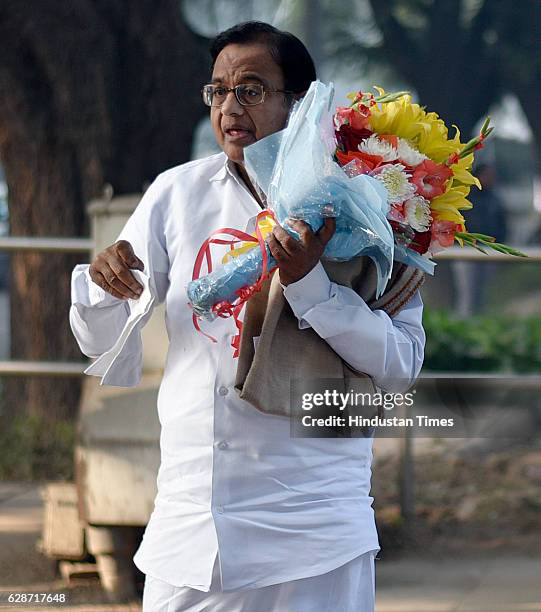 Congress senior leader P. Chidambaram arrives at residence of Congress President Sonia Gandhi to wish on her 70th birthday on December 9, 2016 in New...