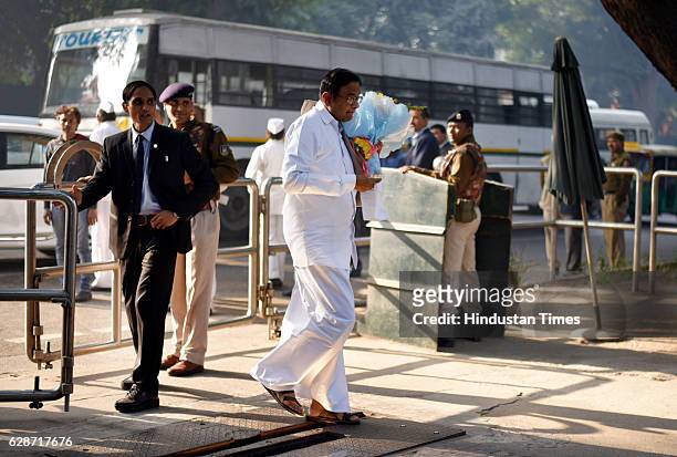Congress senior leader P. Chidambaram arrives at residence of Congress President Sonia Gandhi to wish on her 70th birthday on December 9, 2016 in New...