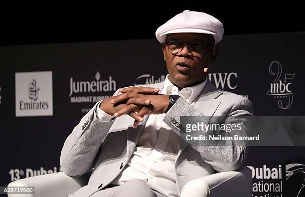 Samuel L Jackson speaks on stage at the In Conversation With during day three of the 13th annual Dubai International Film Festival held at the...