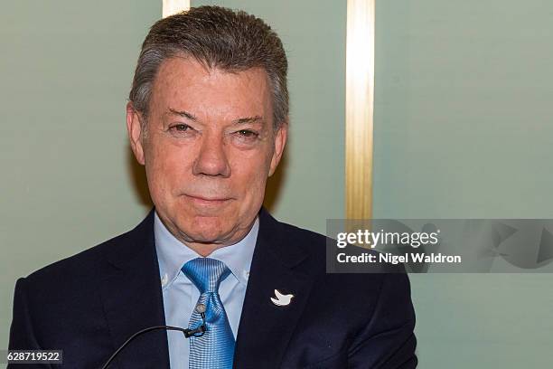 President Juan Manuel Santos of Colombia attends the press conference at the Norwegian Nobel Institute on December 9, 2016 in Oslo, Norway. Santos...