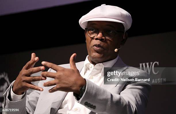 Samuel L Jackson speaks on stage at the In Conversation With during day three of the 13th annual Dubai International Film Festival held at the...