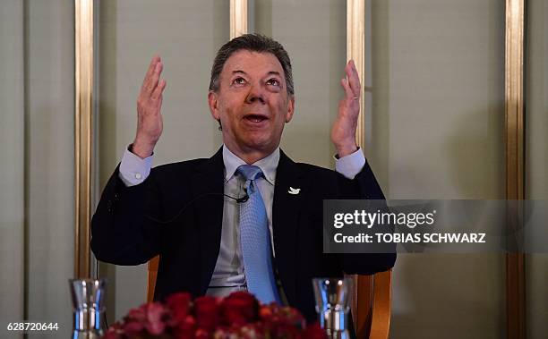 Colombian President Juan Manuel Santos addresses a news conference on the Nobel Peace Prize 2016 in Oslo on December 9, 2016. Santos said the Nobel...