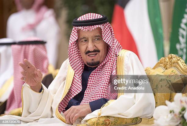 Saudi Arabia's king Salman bin Abdulaziz Al Saud is seen during a meeting with Emir of Kuwait, Sabah Al-Ahmad Al-Jaber Al-Sabah at the Bayan Palace...