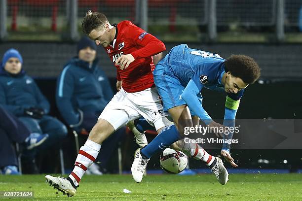 Mattias Johansson of AZ Alkmaar, Axel Witsel of FC Zenit St. Petersburgduring the UEFA Europa League group D match between AZ Alkmaar and FC Zenit on...