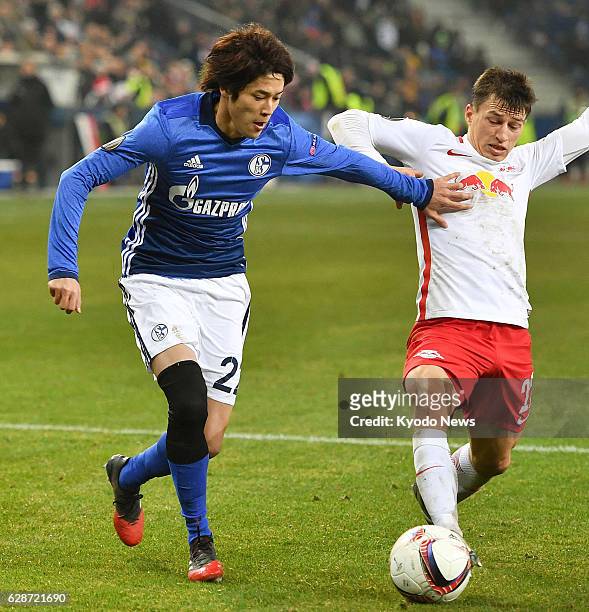 Atsuto Uchida of Schalke 04 is seen in action during the second half of a game in the Europa League against Red Bull Salzburg in Salzburg, Austria,...