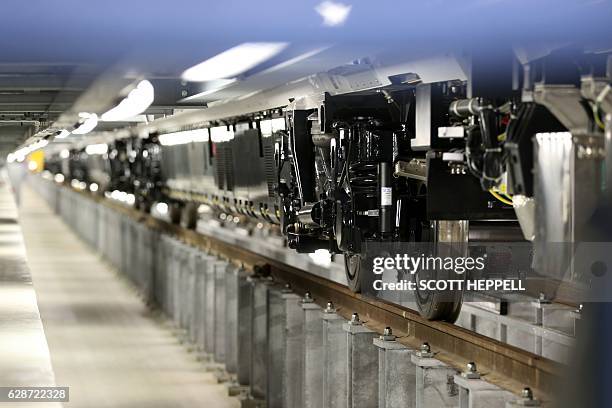 The bogie of a Hitachi Intercity Express Programme train is pictured on the production line at Hitachi's manufacturing plant in Newyton Aycliffe,...