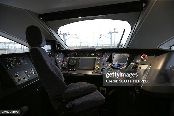The driver's seat and cab of a Hitachi Intercity Express Programme train is pictured at Hitachi's manufacturing plant in Newyton Aycliffe, north-east...