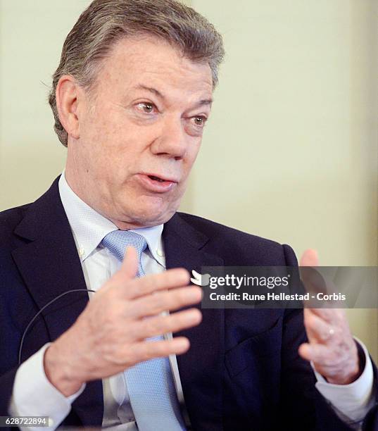 President of Colombia Juan Manuel Santos speaks during the Nobel Peace Prize press conference at The Norwegian Nobel Institute on December 9, 2016 in...