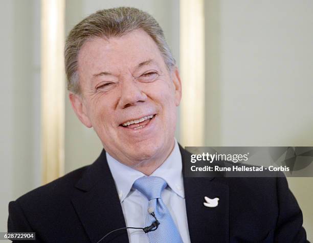 President of Colombia Juan Manuel Santos speaks during the Nobel Peace Prize press conference at The Norwegian Nobel Institute on December 9, 2016 in...