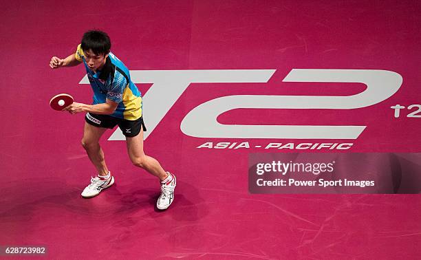 Koki Niwa of Japan in action against Zhendong Fan of China in their Men Singles Round of 16 match during the Seamaster Qatar 2016 ITTF World Tour...