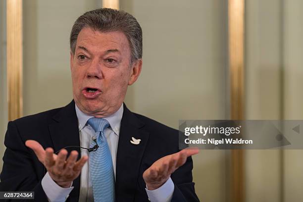 President Juan Manuel Santos of Colombia speaks during the press conference at the Norwegian Nobel Institute on December 9, 2016 in Oslo, Norway....