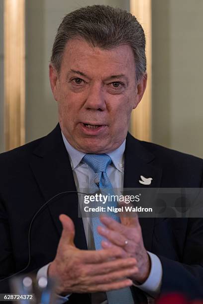 President Juan Manuel Santos of Colombia speaks during the press conference at the Norwegian Nobel Institute on December 9, 2016 in Oslo, Norway....