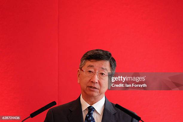 Japanese Ambassador to the UK, Koji Tsuruoka, speaks to guests at the Hitachi Rail Europe site on December 9, 2016 in Newton Aycliffe, United...