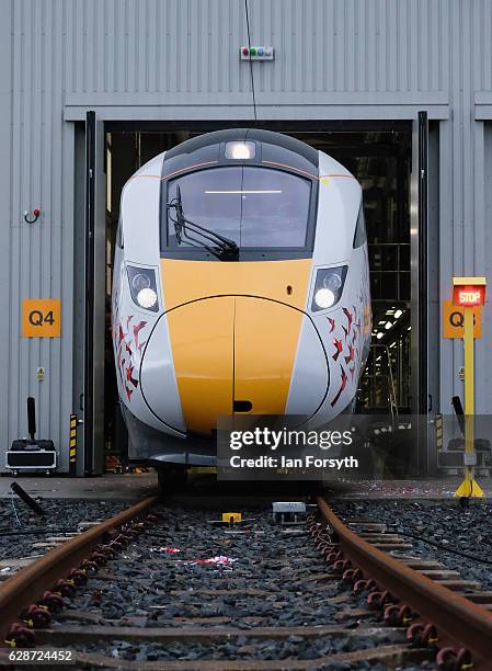 The first British-built Intercity Express train is unveiled in front of invited guests at the Hitachi Rail Europe site on December 9, 2016 in Newton...