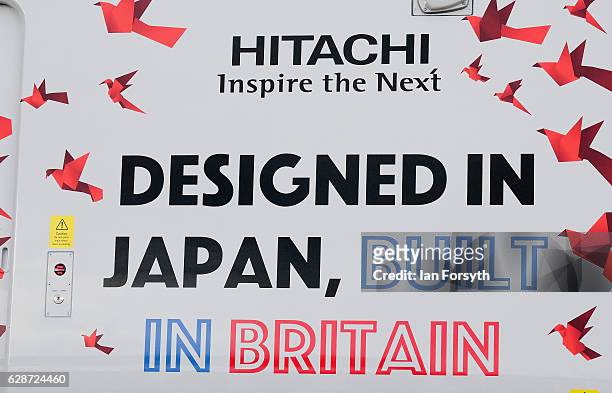Detail on the side of the first British-built Intercity Express train as it is unveiled in front of invited guests at the Hitachi Rail Europe site on...