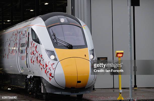 The first British-built Intercity Express train is unveiled in front of invited guests at the Hitachi Rail Europe siteon December 9, 2016 in Newton...