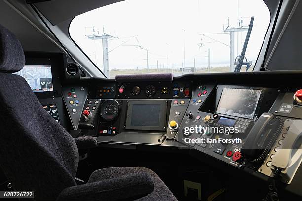 View of the driver's cab as the first British-built Intercity Express train is unveiled in front of invited guests at the Hitachi Rail Europe site on...