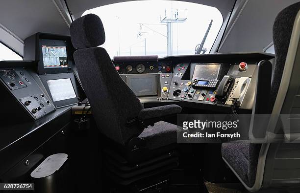 View of the driver's cab as the first British-built Intercity Express train is unveiled in front of invited guests at the Hitachi Rail Europe site on...