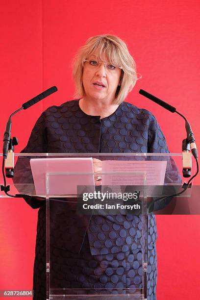 Managing Director of Hitachi Rail Europe, Karen Boswell OBE, speaks to guests during a visit to the Hitachi Rail Europe site on December 9, 2016 in...