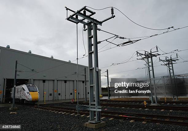 The first British-built Intercity Express train is unveiled in front of invited guests at the Hitachi Rail Europe site on December 9, 2016 in Newton...