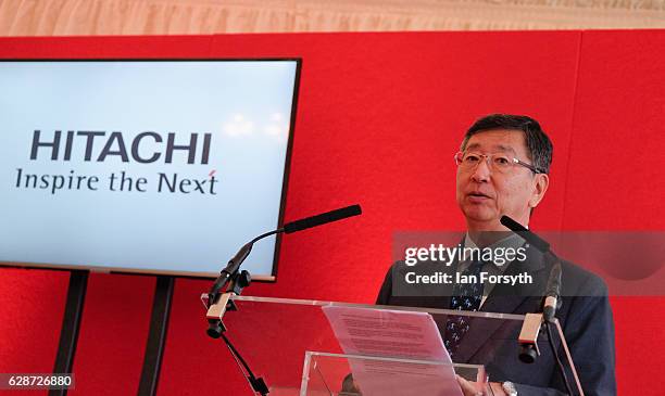 Japanese Ambassador to the UK, Koji Tsuruoka, speaks to guests during a visit to the Hitachi Rail Europe site on December 9, 2016 in Newton Aycliffe,...