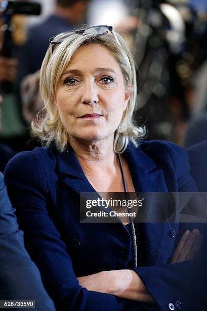 President of French far-right Front National party Marine Le Pen attends a meeting on the theme "Health : Protecting the French" on December 09, 2016...