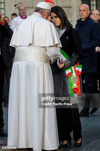 Pope Francis and Virginia Raggi , Mayor of Rome, attend the Immaculate Conception celebration at Piazza di Spagna in Rome, Italy. Since 1953, the...