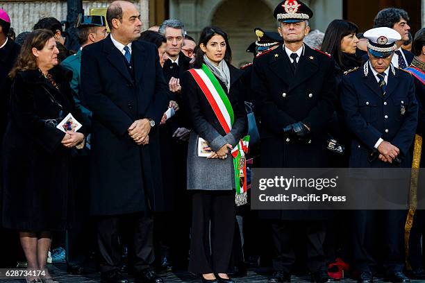 Nicola Zingaretti , President of Latium region, and Virginia Raggi , Mayor of Rome, attend the Immaculate Conception celebration at Piazza di Spagna...