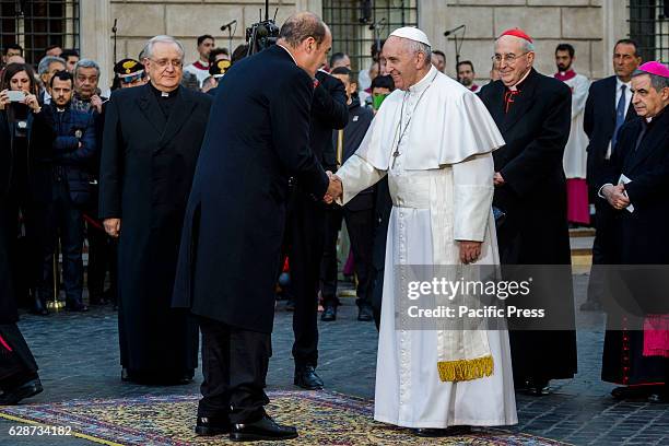 Pope Francis greets Nicola Zingaretti, President of Latium region, during the Immaculate Conception celebration at Piazza di Spagna in Rome, Italy....