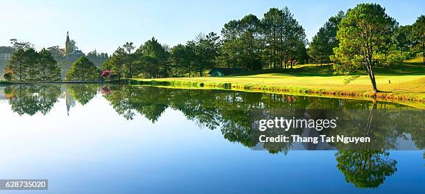 panorama of beautiful lake with nice reflection - dalat stock pictures, royalty-free photos & images