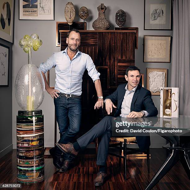 Artist Hubert Le Gall and the head of Ruinart's cellar, Frederic Panaiotis are photographed for Madame Figaro on September 19, 2016 in Paris, France....