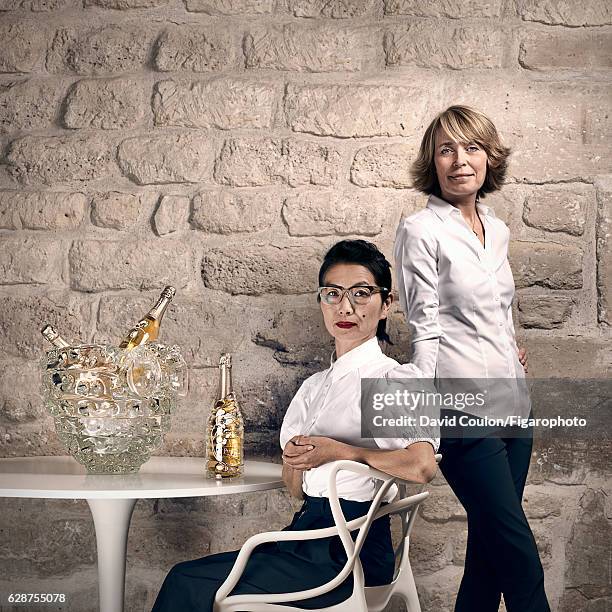 Japanese artist Ritsue Mishima and Axelle de Buffevent, director of the style of Perrier-Jouet are photographed for Madame Figaro on September 19,...