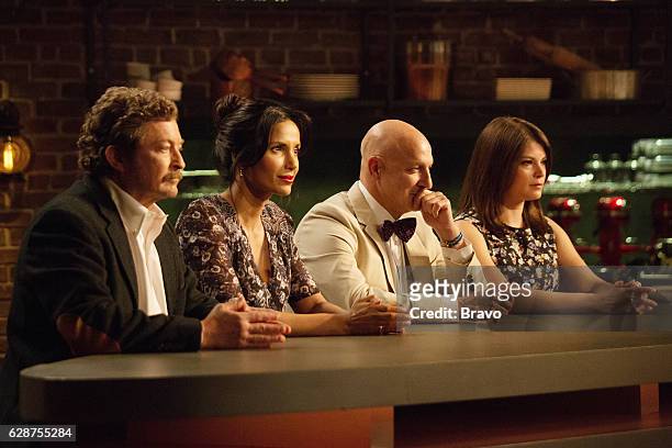 Southern Hospitality" Episode 1402 -- Pictured: Frank Lee, Padma Lakshmi, Tom Colicchio, Gail Simmons --