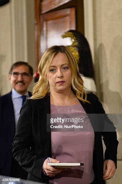 Italian lawmaker Giorgia Meloni, President of the Brothers of Italy-National Alliance national-conservative party, leaves following a meeting with...
