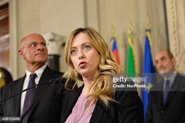 Italian lawmaker Giorgia Meloni, President of the Brothers of Italy-National Alliance national-conservative party, addresses the media following a...