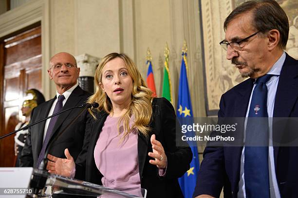 Fabio Rampell , Giorgia Meloni , Ignazio La Russa of the Brothers of Italy-National Alliance national-conservative party, addresses the media...