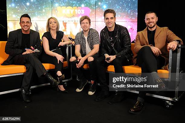 James Bourne, Matt Willis and Charlie Simpson of Busted are interviewed backstage at Key 103 Christmas Live at Manchester Arena on December 9, 2016...