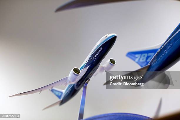 Model planes are displayed in an office at the Boeing Co. Final assembly facility in North Charleston, South Carolina, U.S., on Tuesday, Dec. 6,...