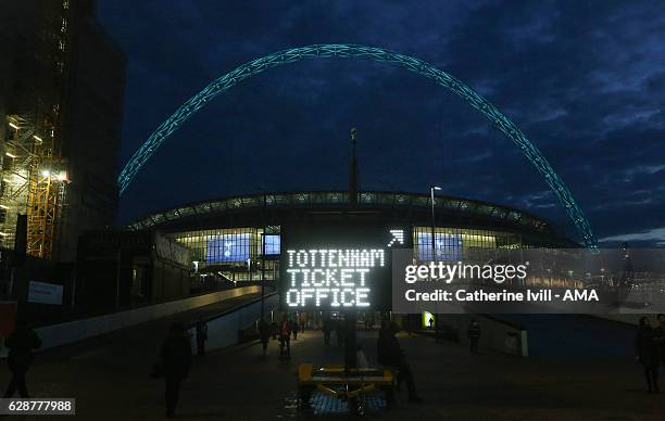 Wembley stadium with Tottenham Hotspur ticket office sign before the UEFA Champions League match between Tottenham Hotspur FC and PFC CSKA Moskva at...