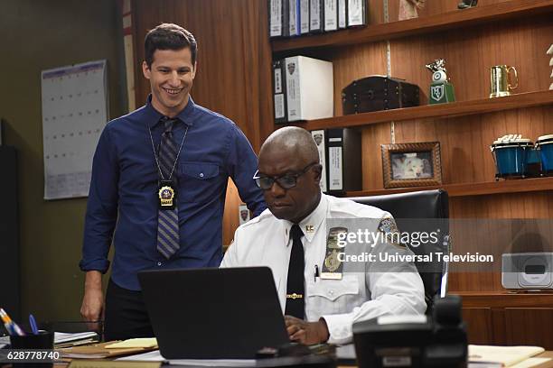 The Overmining" Episode 409 -- Pictured: Andy Samberg as Jake Peralta, Andre Braugher as Captain Ray Holt --