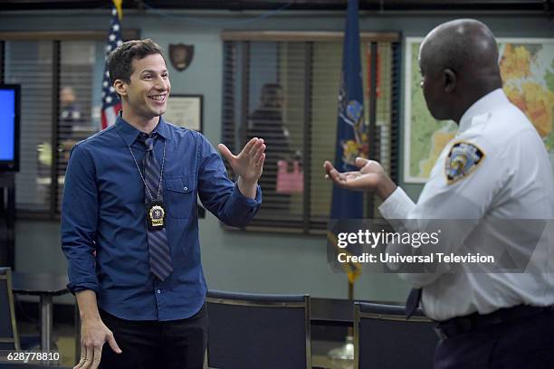 The Overmining" Episode 409 -- Pictured: Andy Samberg as Jake Peralta, Andre Braugher as Captain Ray Holt --
