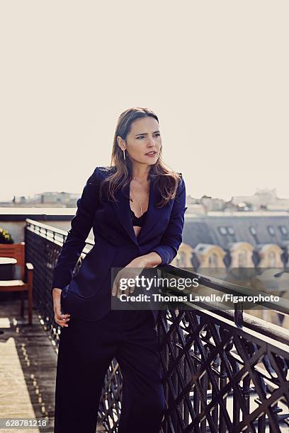 Actress Virginie Ledoyen is photographed for Madame Figaro on October 11, 2016 in Paris, France. Suit , bra , Wave and Carré Chic necklace, Totem...